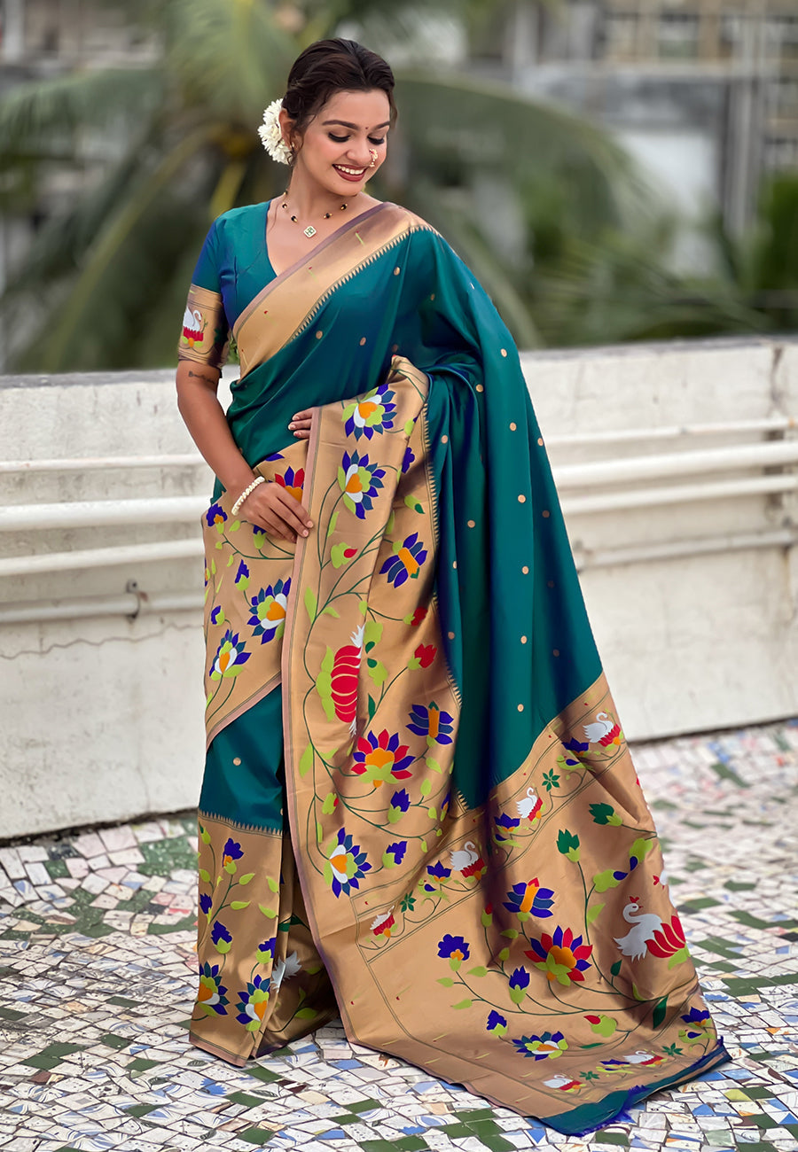 Green paithani silk saree with half half concept big border zari woven saree
