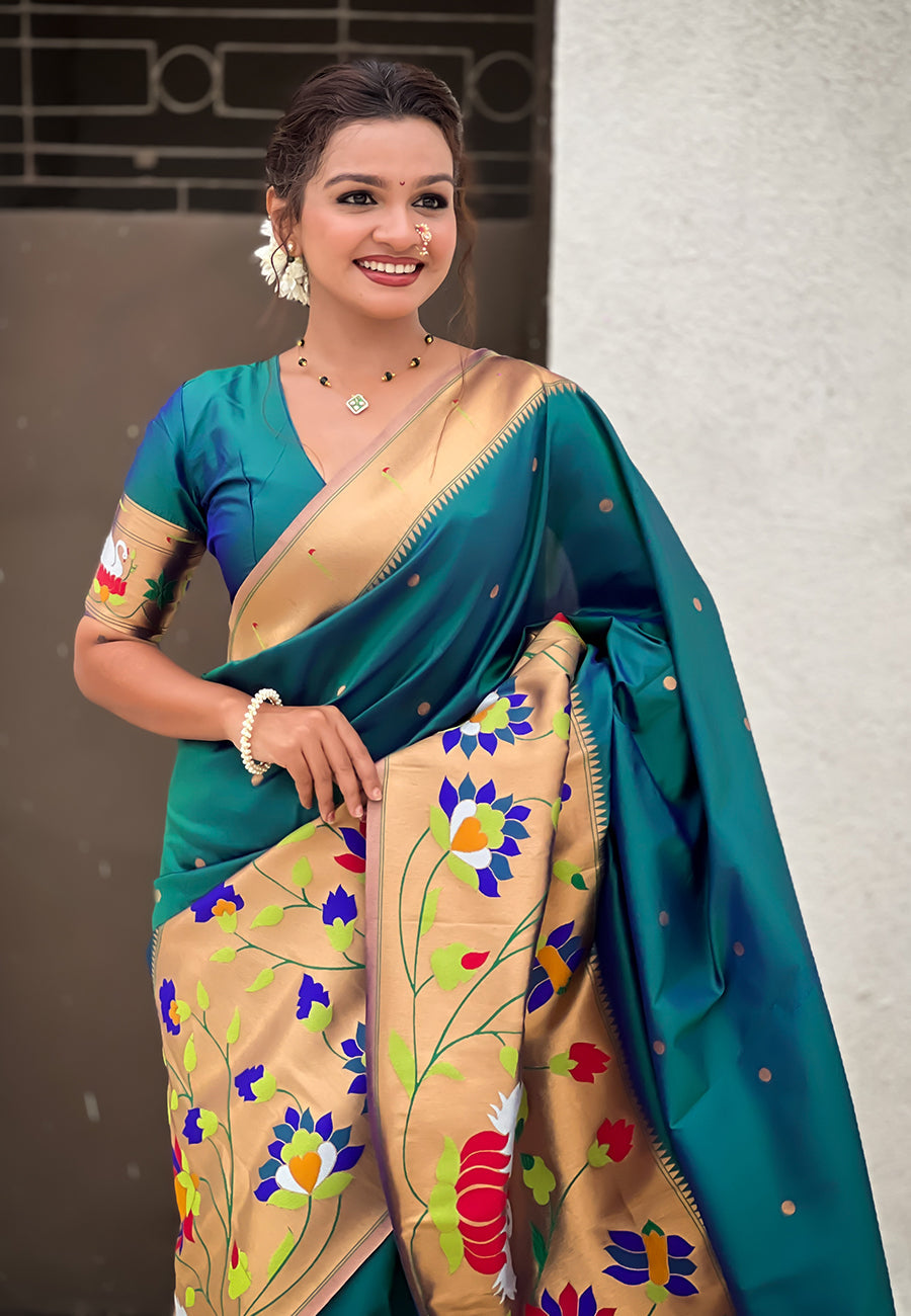Green paithani silk saree with half half concept big border zari woven saree