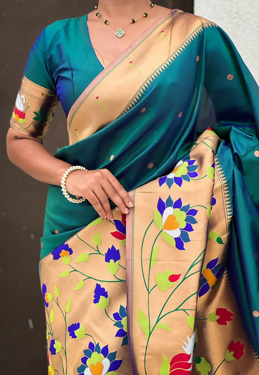 Green paithani silk saree with half half concept big border zari woven saree