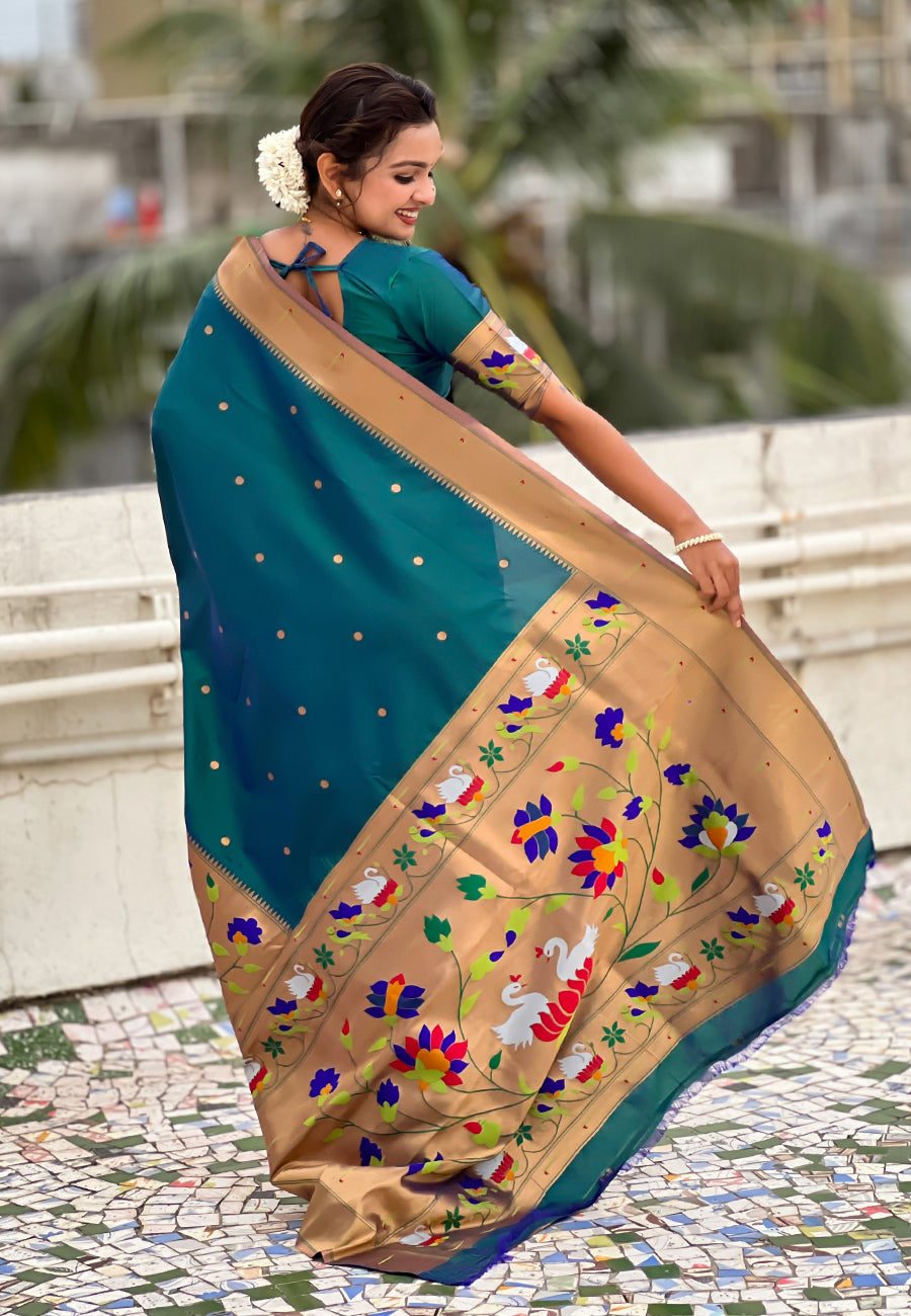 Green paithani silk saree with half half concept big border zari woven saree