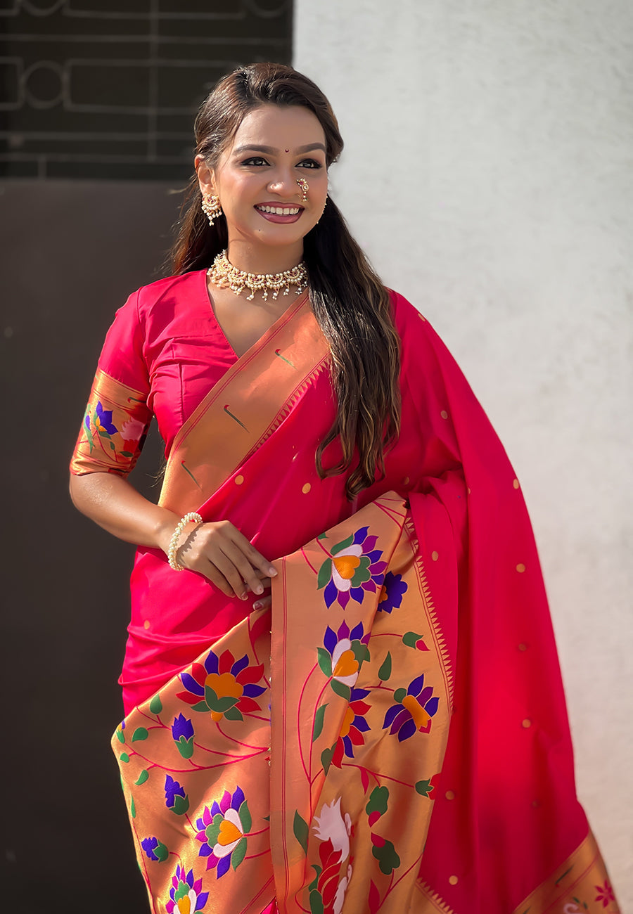 Pink paithani silk saree with half half concept big border zari woven saree