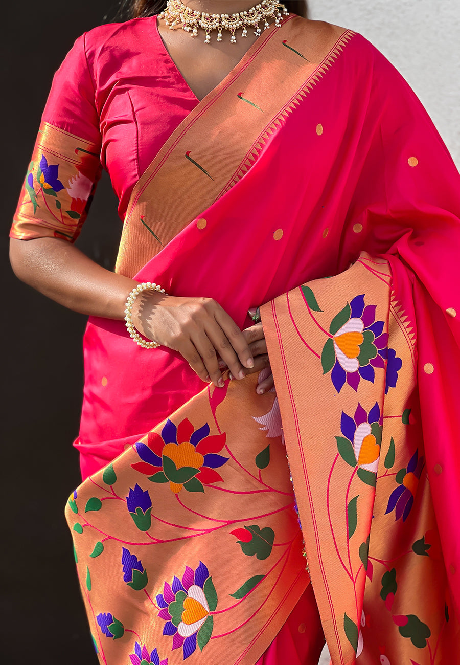 Pink paithani silk saree with half half concept big border zari woven saree