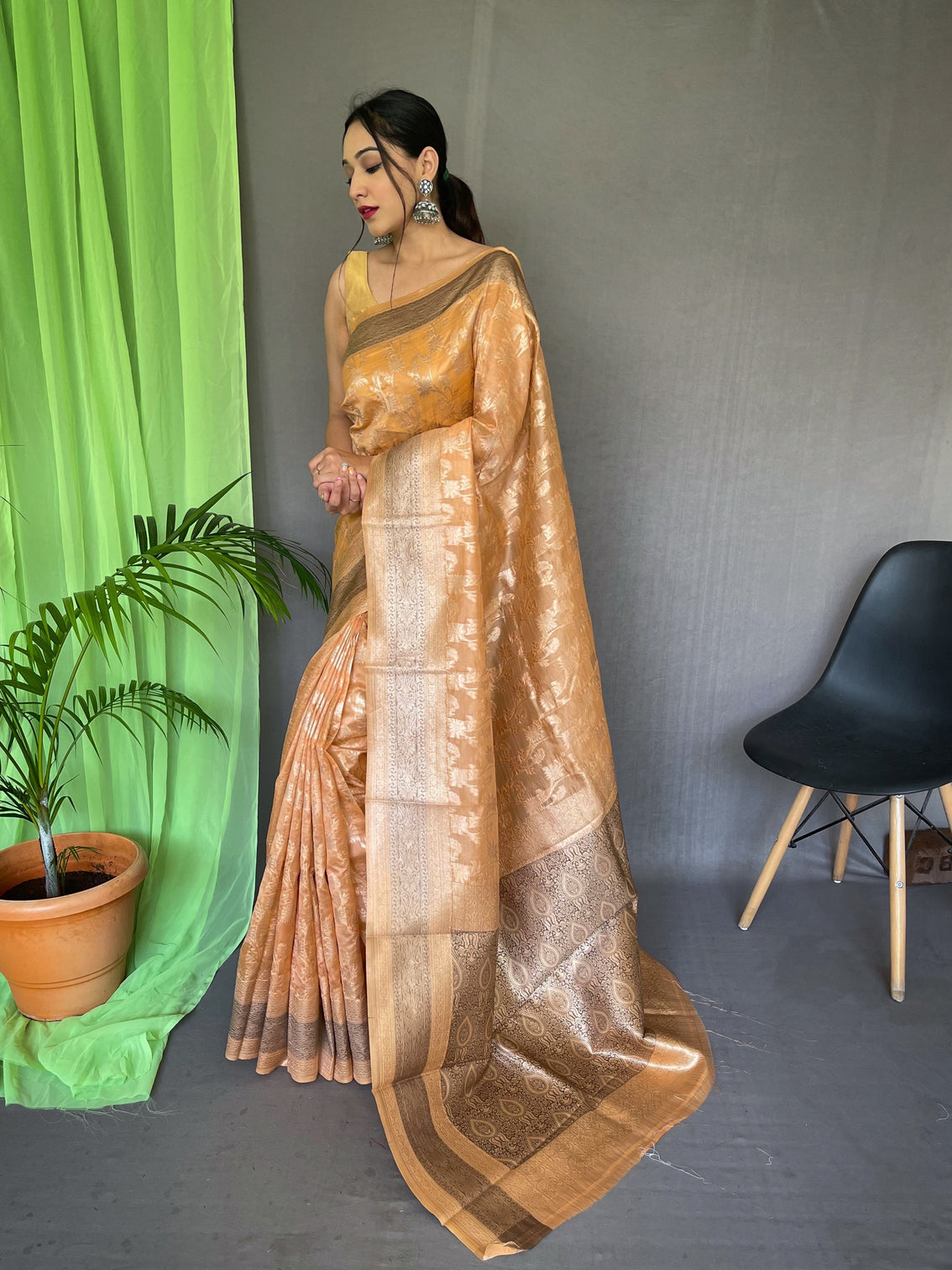 Peach Saree in Organza Silk