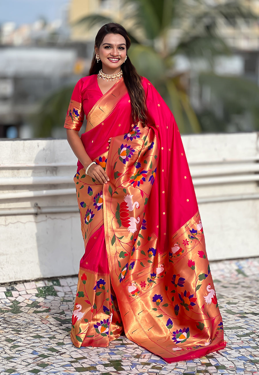 Pink paithani silk saree with half half concept big border zari woven saree