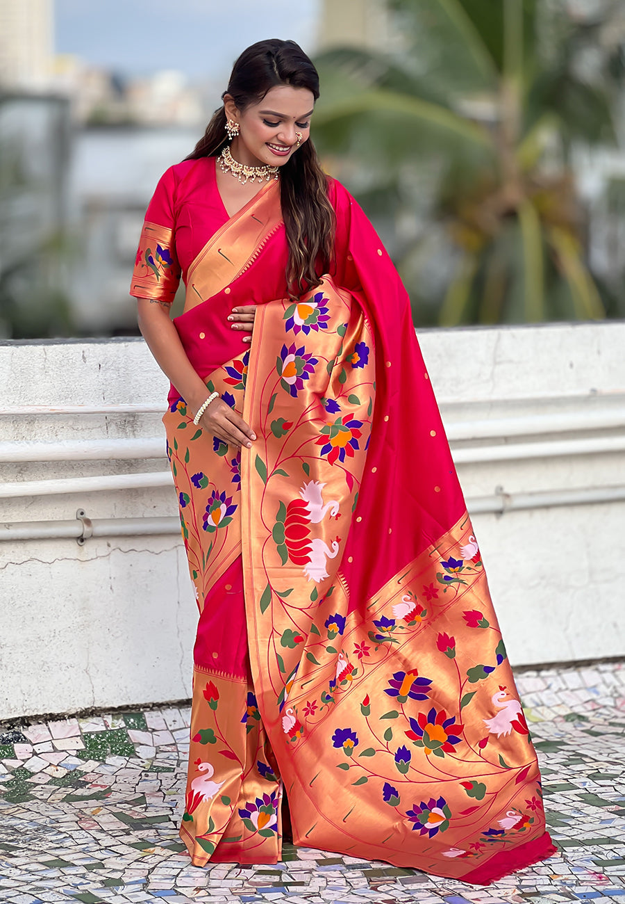 Pink paithani silk saree with half half concept big border zari woven saree
