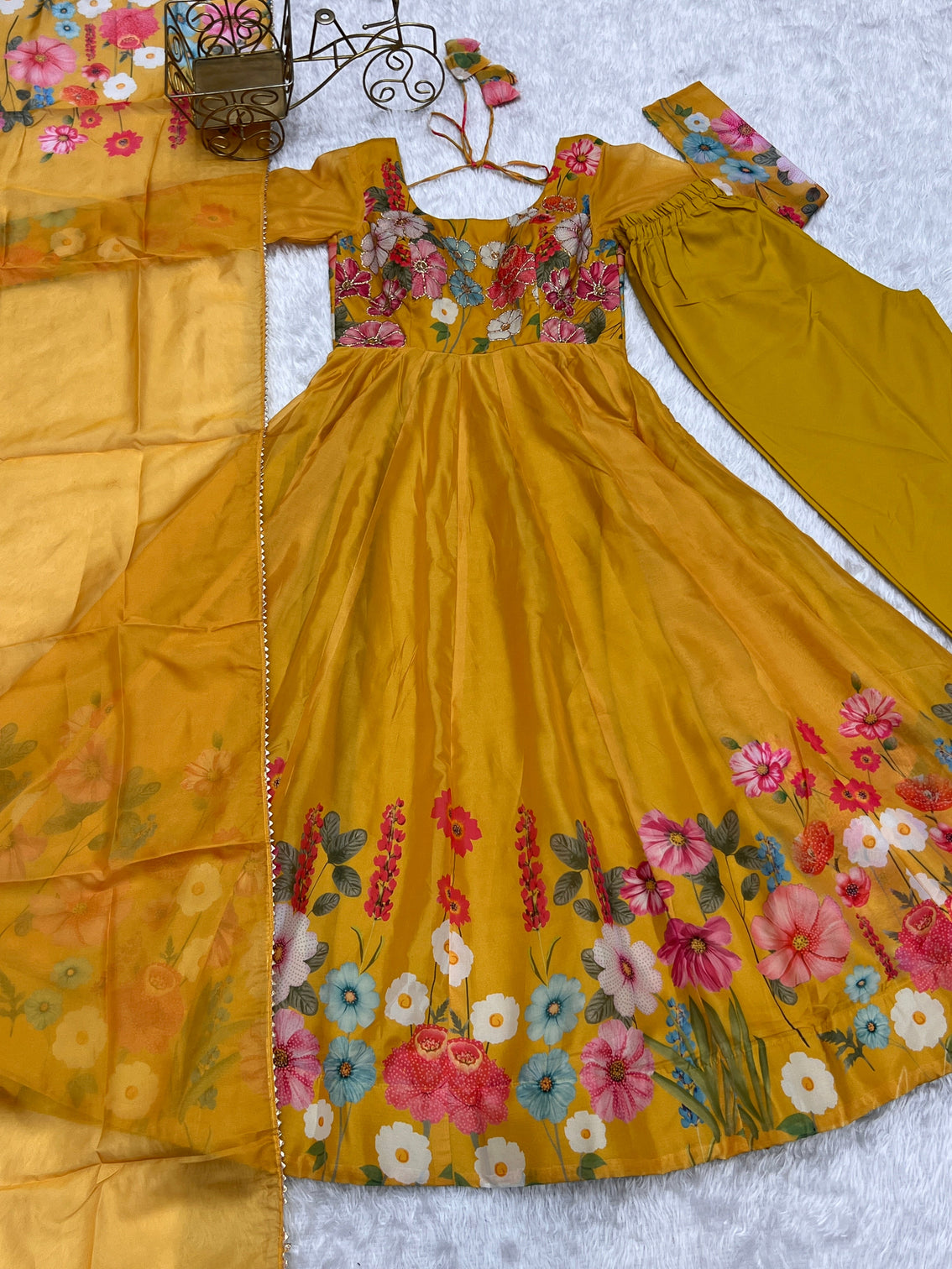 Yellow Graceful Pure Organza Silk Anarkali Suit with Gota Patti Dupatta