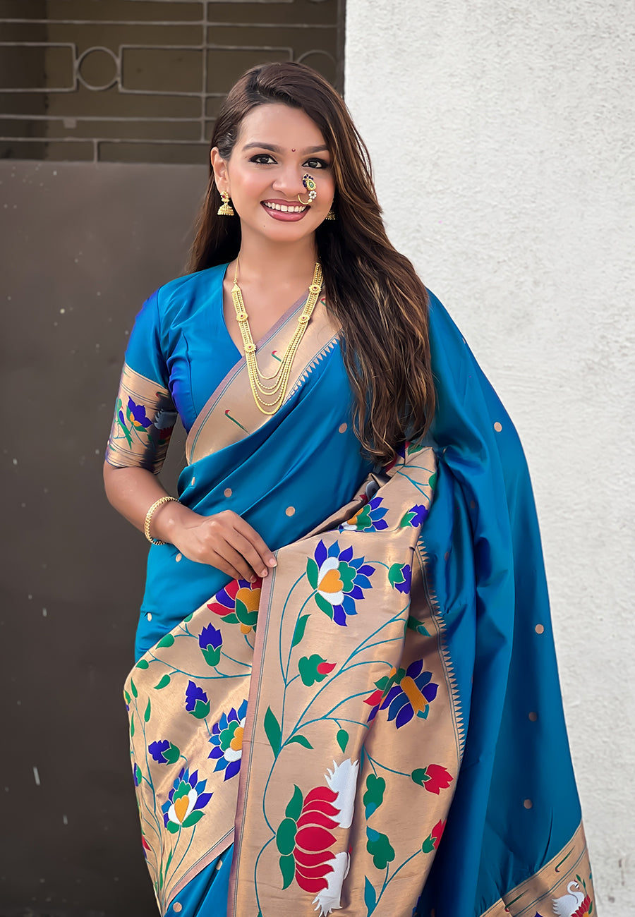 Blue paithani silk saree with half half concept big border zari woven saree