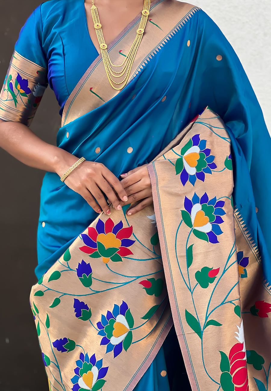 Blue paithani silk saree with half half concept big border zari woven saree