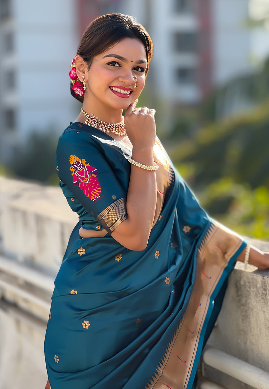 Denim zari woven vitthala god special traditional paithani silk saree