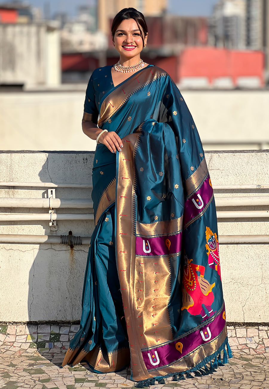 Denim zari woven vitthala god special traditional paithani silk saree