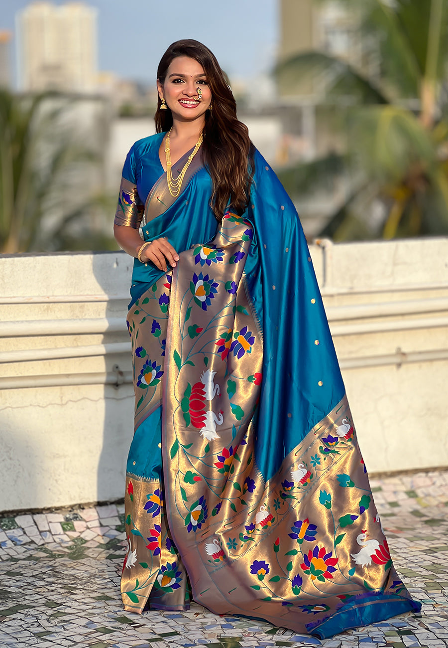 Blue paithani silk saree with half half concept big border zari woven saree