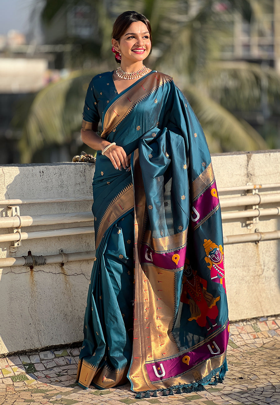 Denim zari woven vitthala god special traditional paithani silk saree