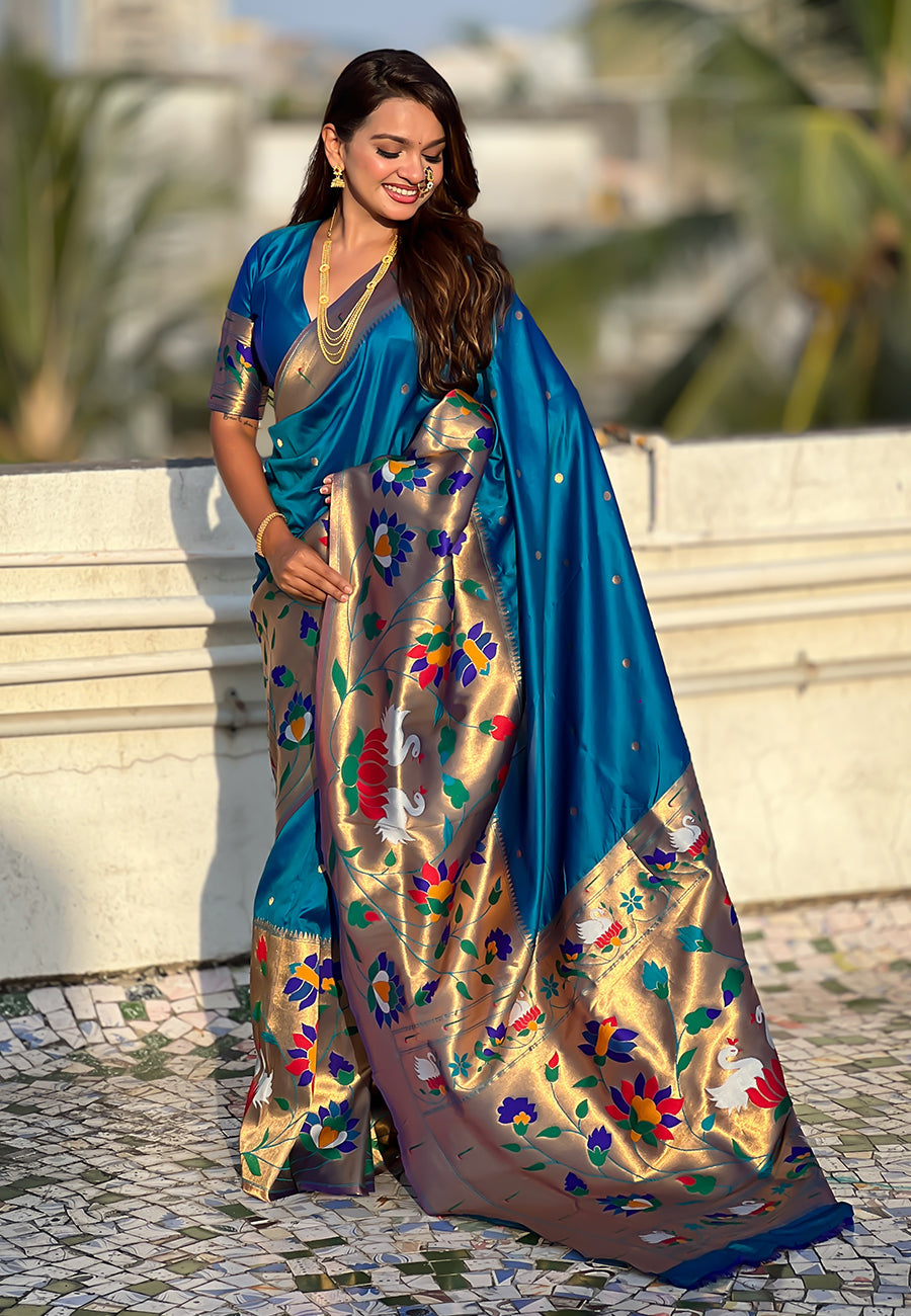 Blue paithani silk saree with half half concept big border zari woven saree