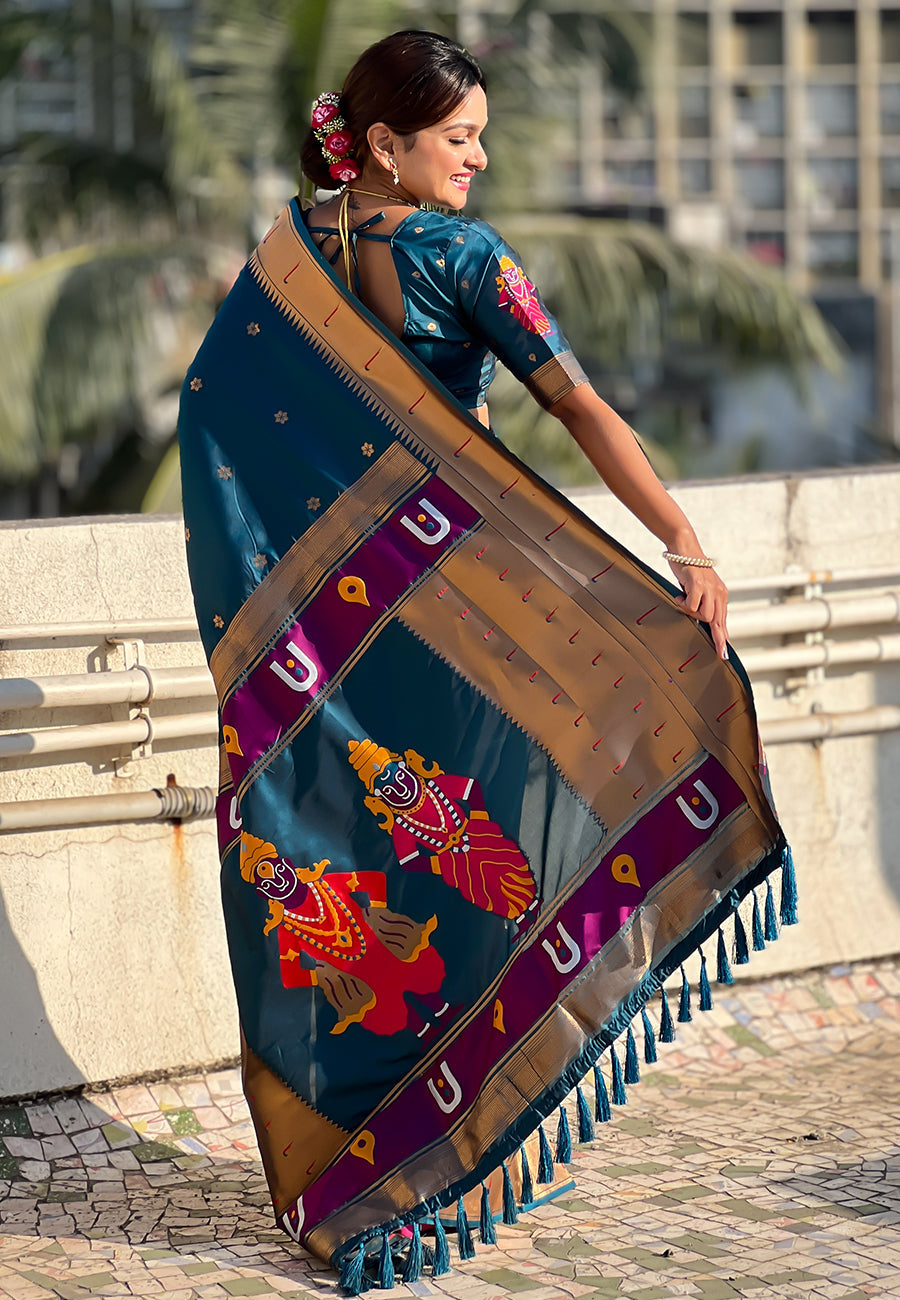 Denim zari woven vitthala god special traditional paithani silk saree