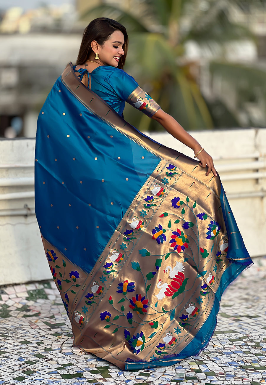 Blue paithani silk saree with half half concept big border zari woven saree