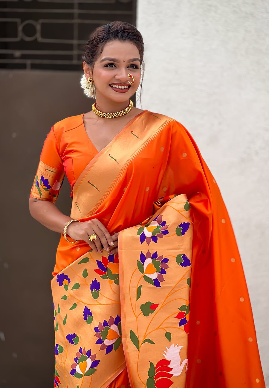 Orange paithani silk saree with half half concept big border zari woven saree