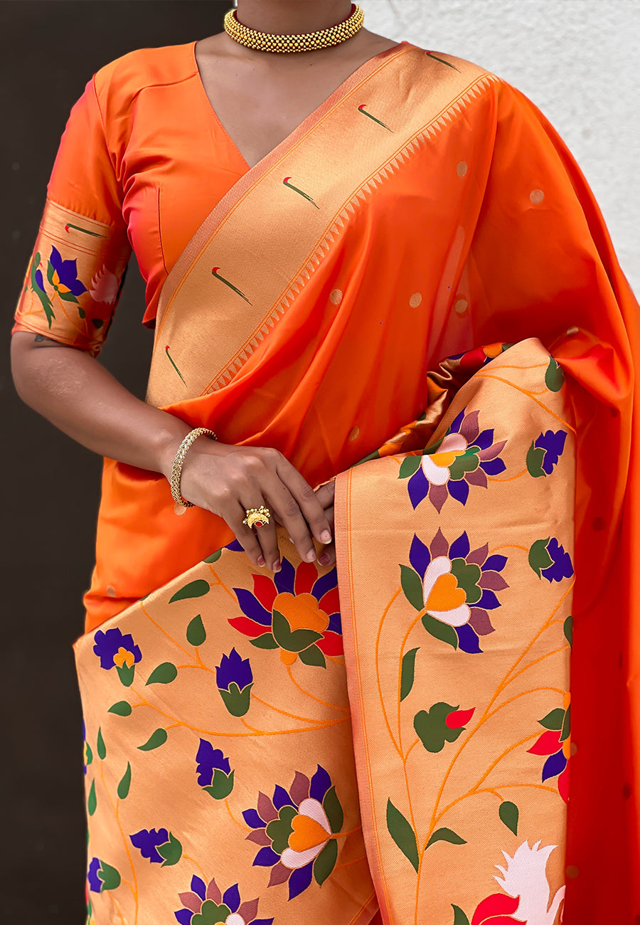 Orange paithani silk saree with half half concept big border zari woven saree