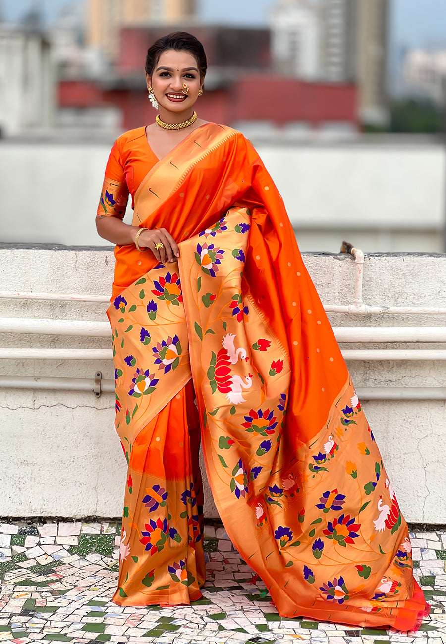 Orange paithani silk saree with half half concept big border zari woven saree