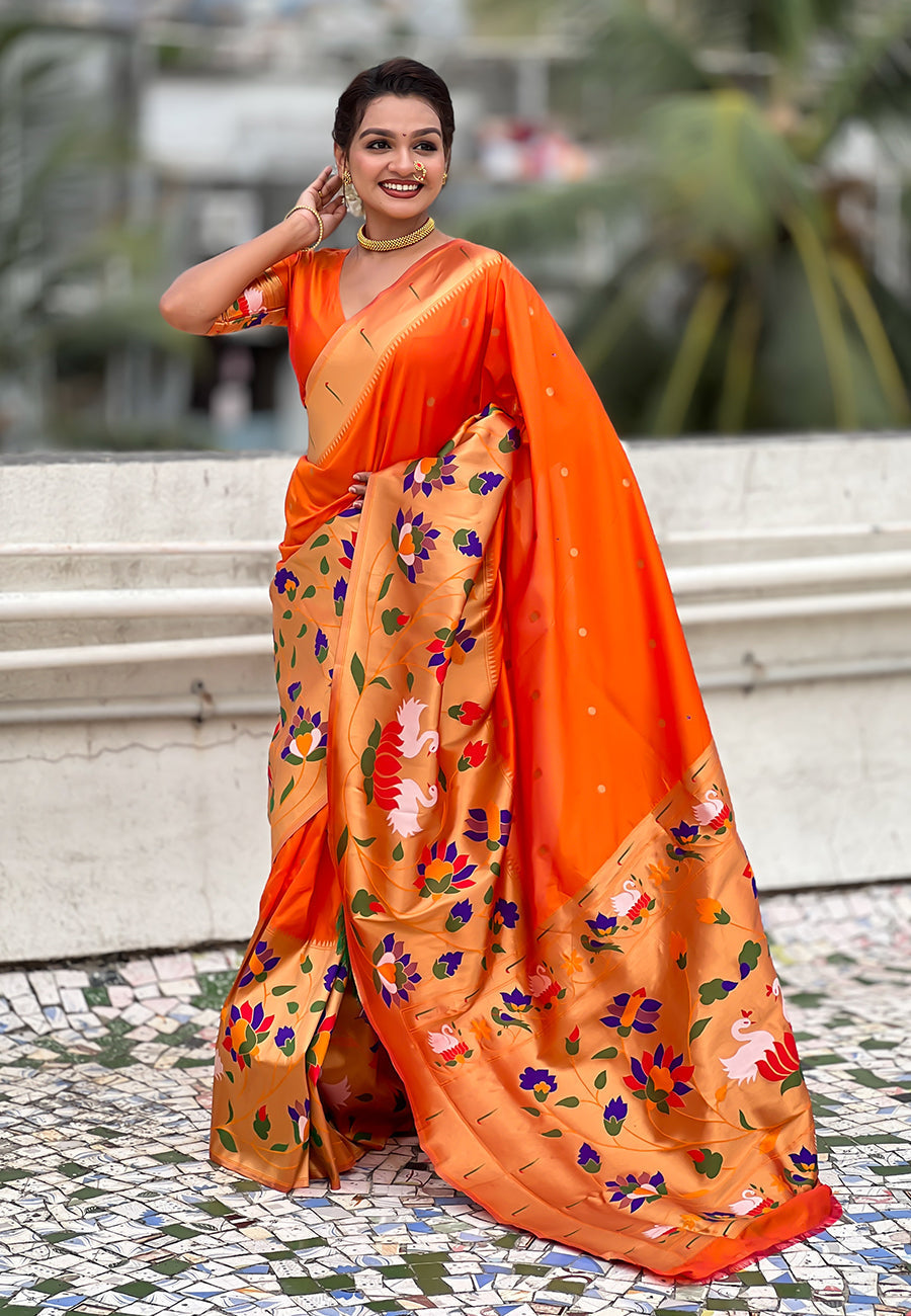 Orange paithani silk saree with half half concept big border zari woven saree