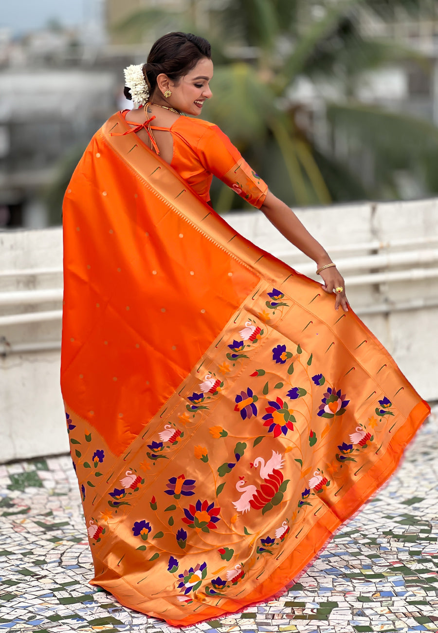 Orange paithani silk saree with half half concept big border zari woven saree