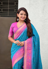 Sky Blue Soft Silk Zari Woven Patola Saree with Contrast Bandhani Weaves