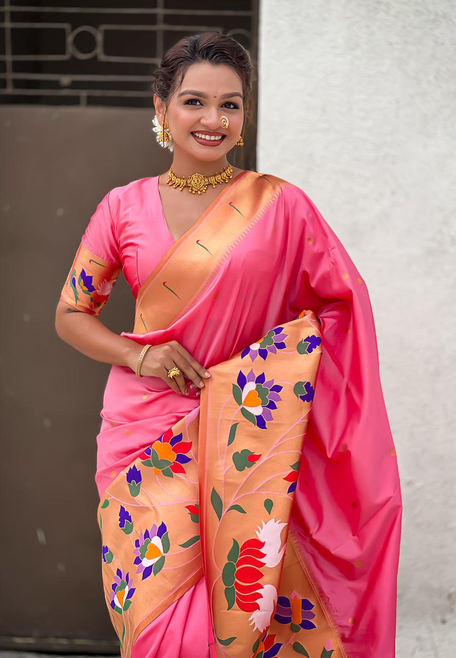 Baby pink paithani silk saree with half half concept big border zari woven saree