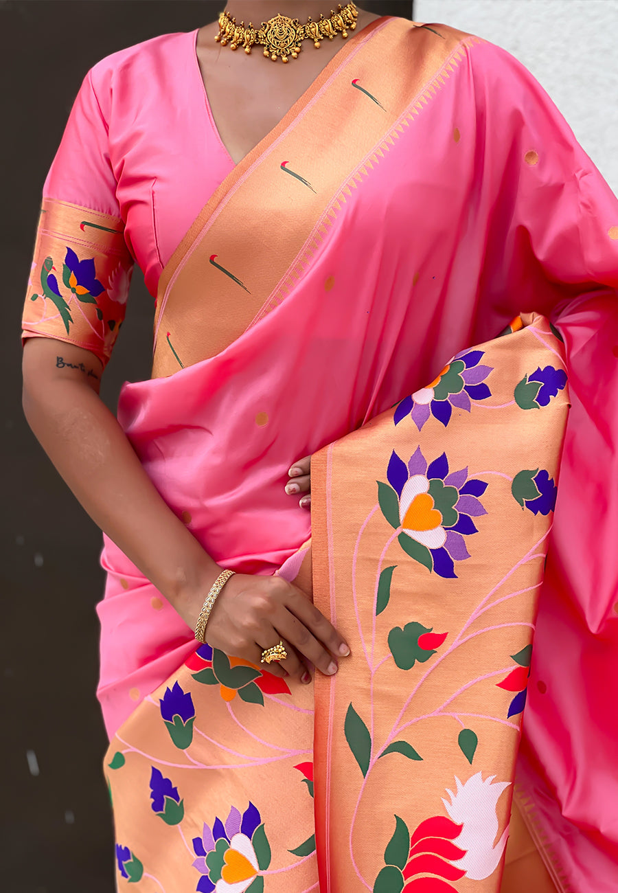Baby pink paithani silk saree with half half concept big border zari woven saree