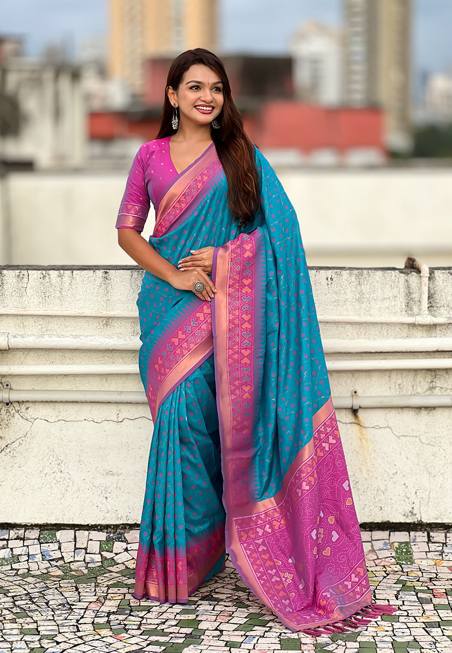 Sky Blue Soft Silk Zari Woven Patola Saree with Contrast Bandhani Weaves