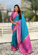 Sky Blue Soft Silk Zari Woven Patola Saree with Contrast Bandhani Weaves