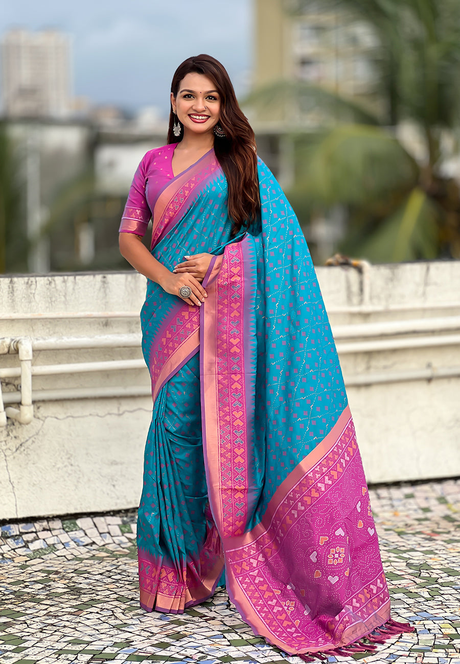 Sky Blue Soft Silk Zari Woven Patola Saree with Contrast Bandhani Weaves