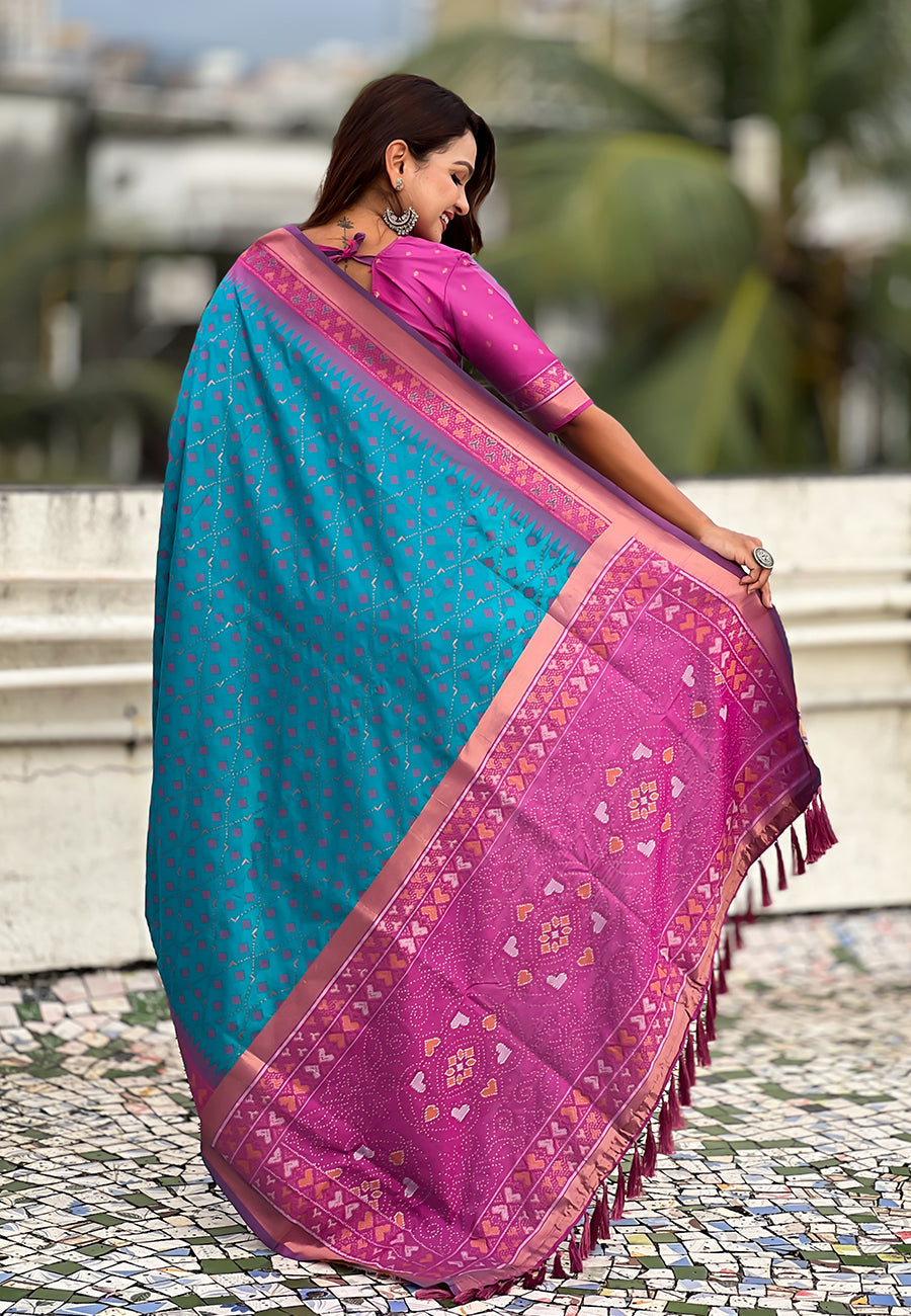 Sky Blue Soft Silk Zari Woven Patola Saree with Contrast Bandhani Weaves