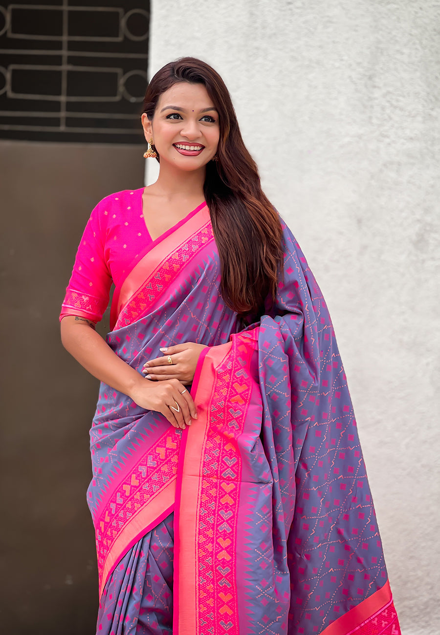Lavender soft silk zari woven patola saree with contrast bandhani weaves