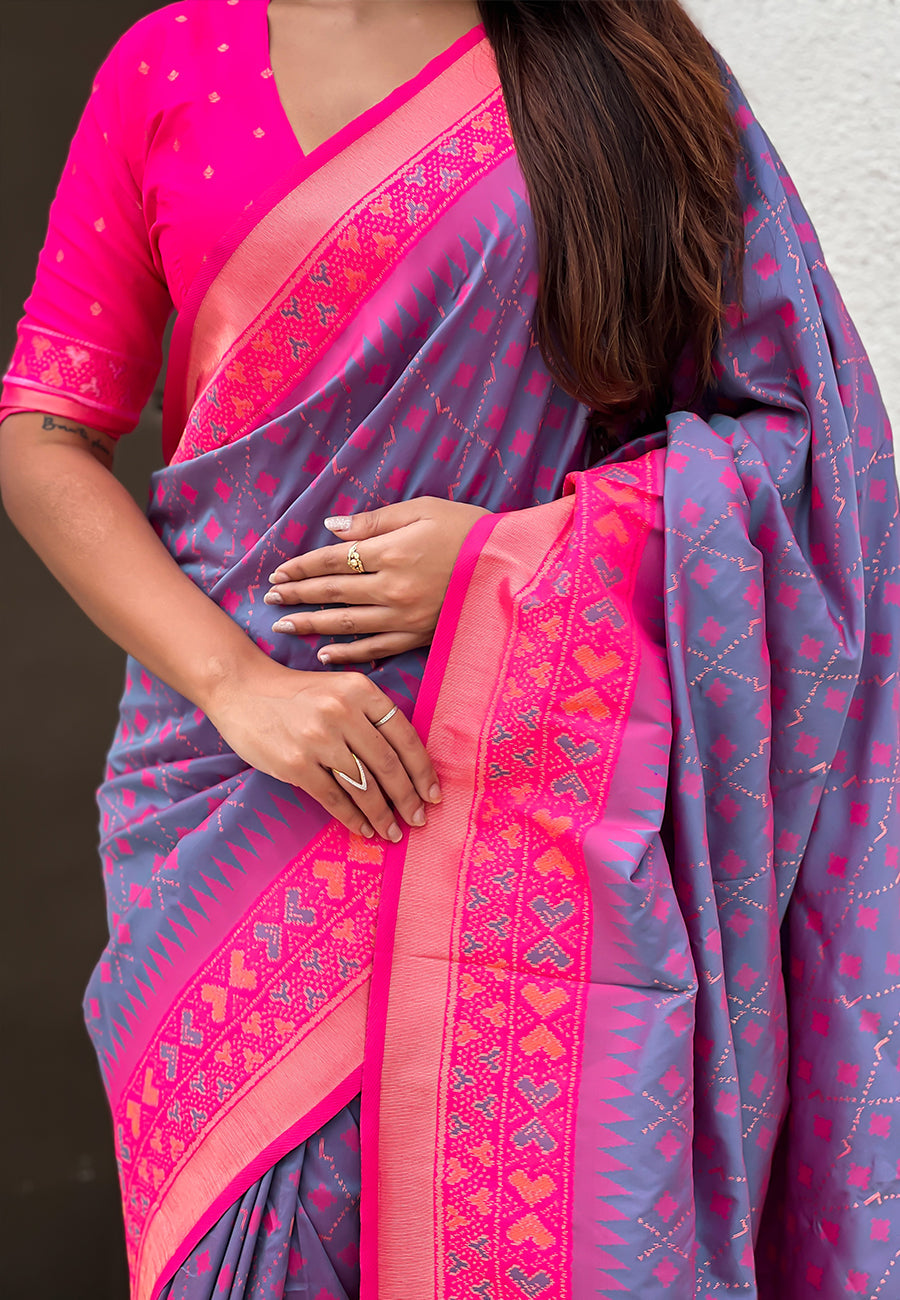 Lavender soft silk zari woven patola saree with contrast bandhani weaves