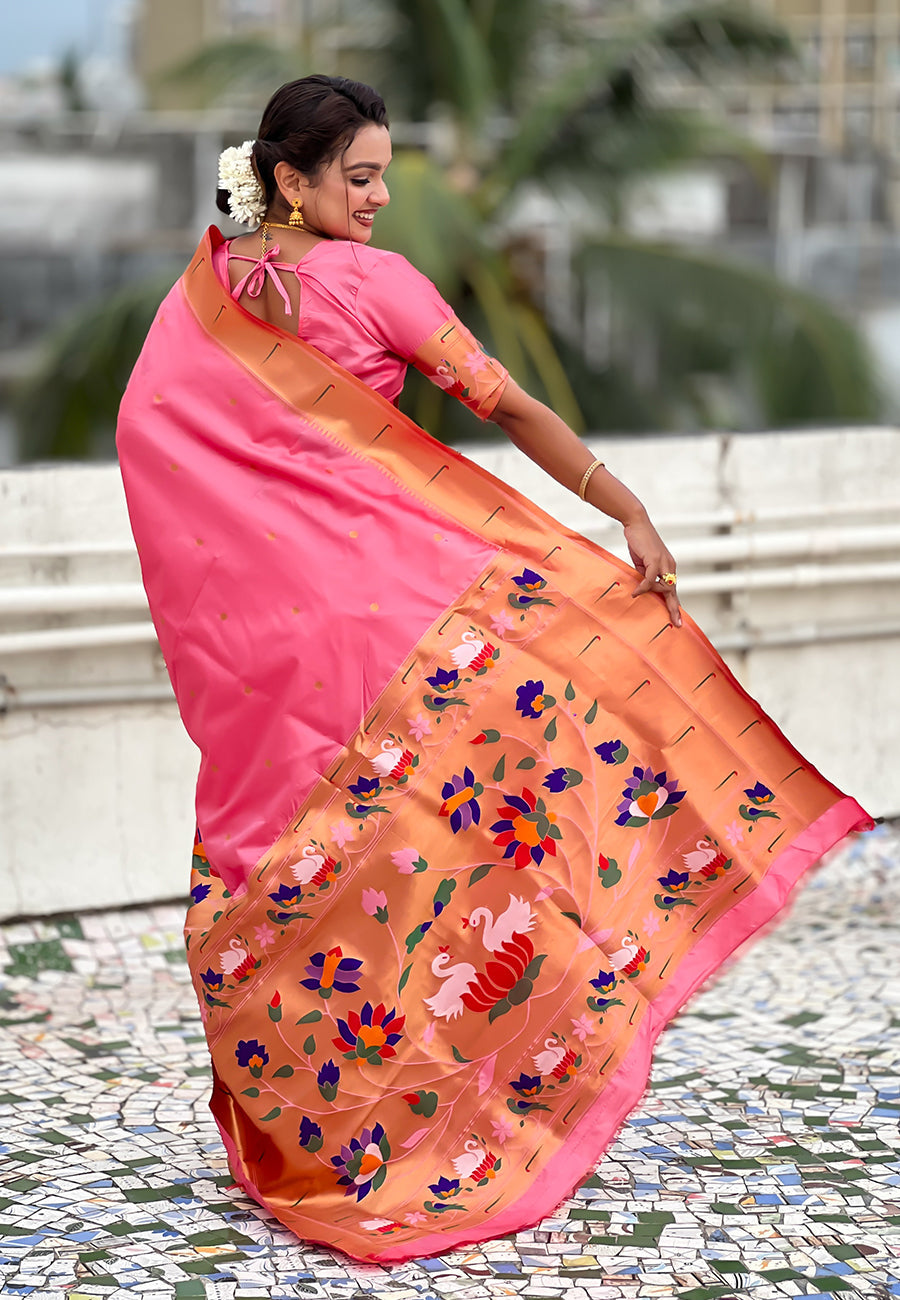 Baby pink paithani silk saree with half half concept big border zari woven saree