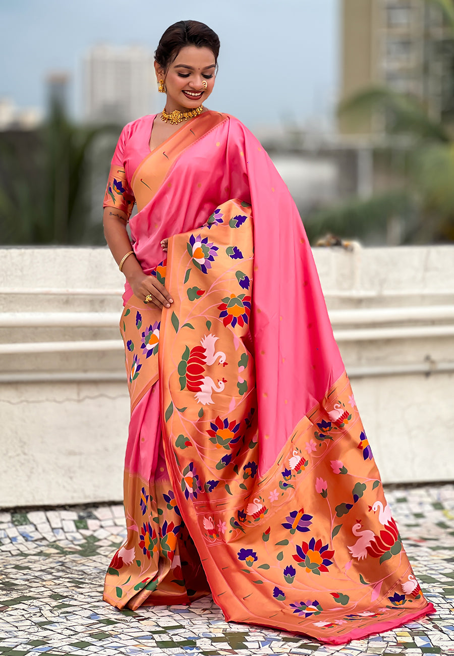 Baby pink paithani silk saree with half half concept big border zari woven saree