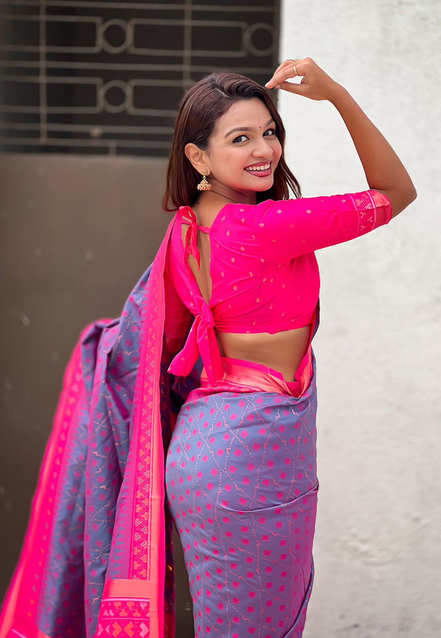 Lavender soft silk zari woven patola saree with contrast bandhani weaves