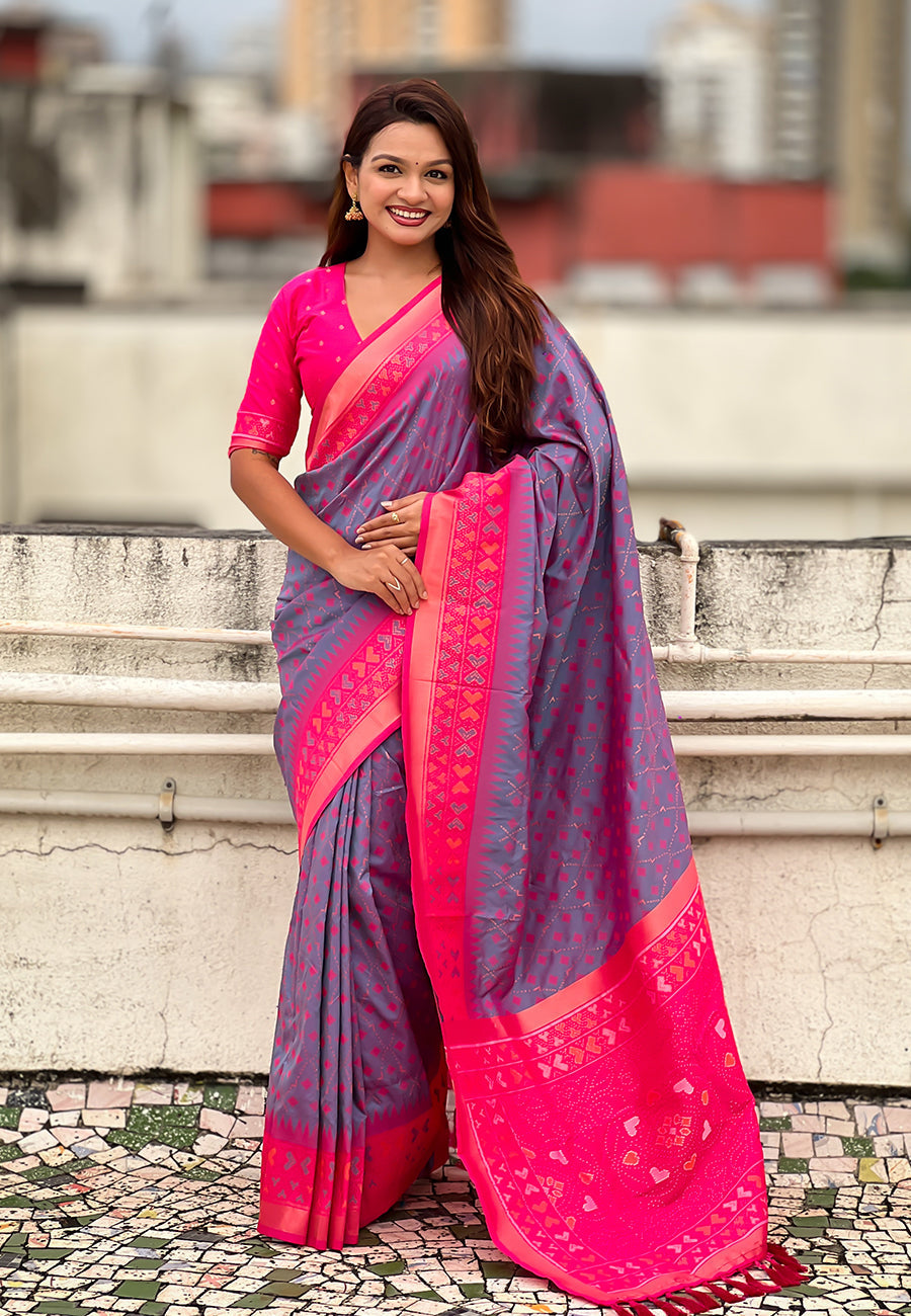 Lavender soft silk zari woven patola saree with contrast bandhani weaves