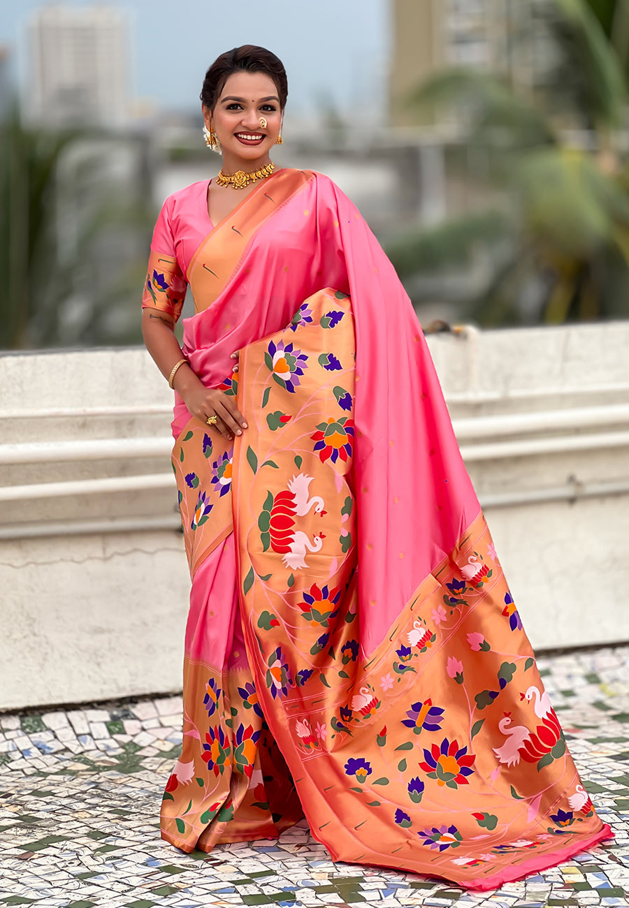 Baby pink paithani silk saree with half half concept big border zari woven saree