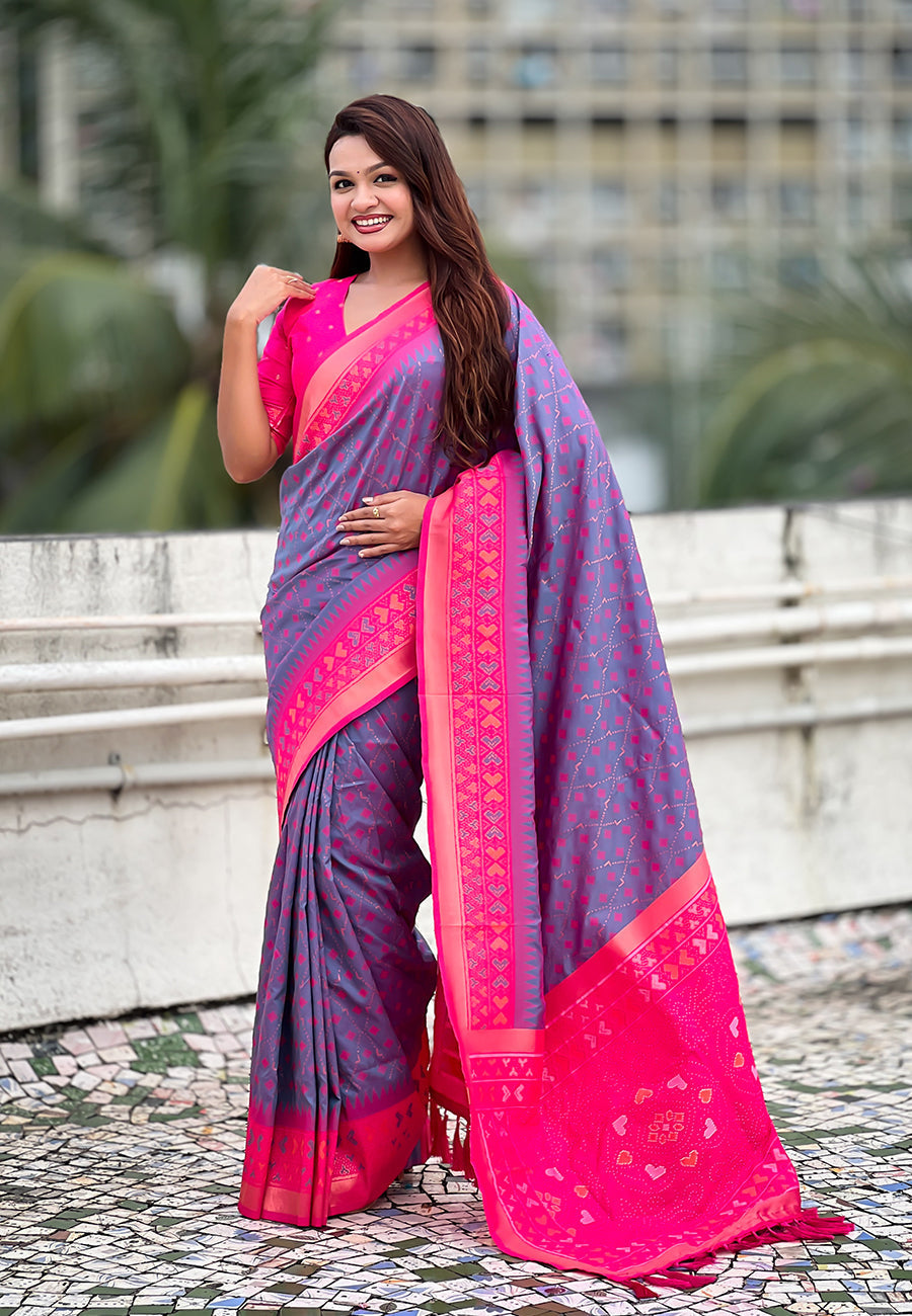 Lavender soft silk zari woven patola saree with contrast bandhani weaves