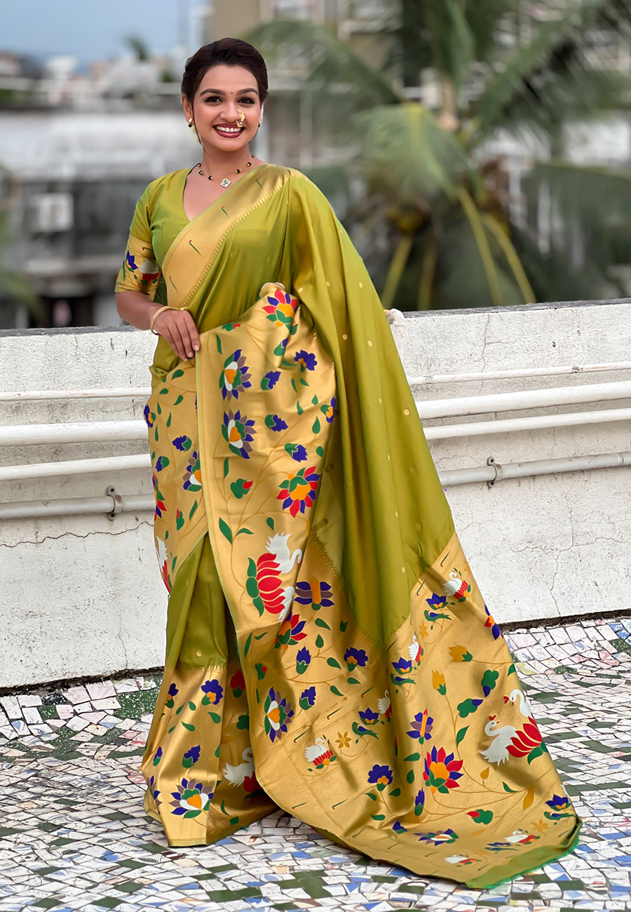 Mehendi paithani silk saree with half half concept big border zari woven saree