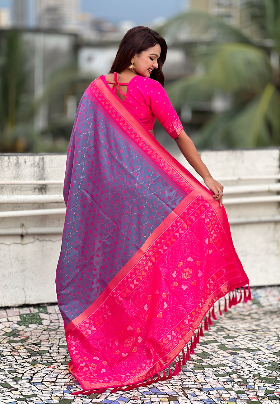 Lavender soft silk zari woven patola saree with contrast bandhani weaves