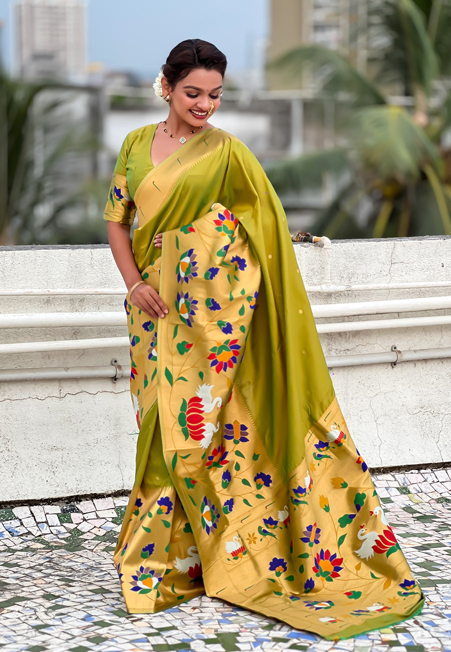 Mehendi paithani silk saree with half half concept big border zari woven saree