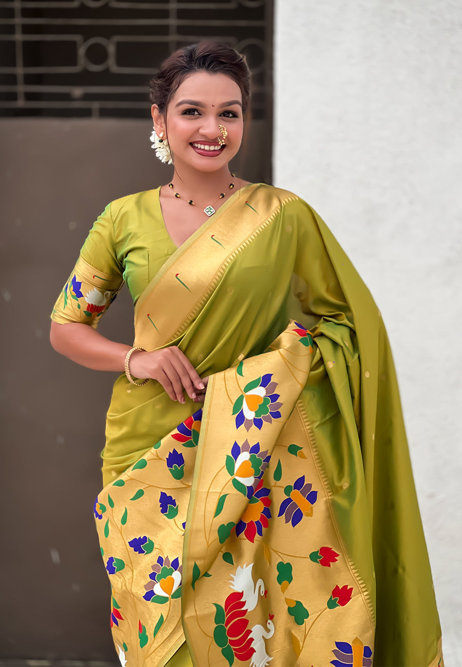 Mehendi paithani silk saree with half half concept big border zari woven saree