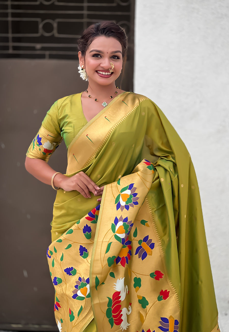 Mehendi paithani silk saree with half half concept big border zari woven saree