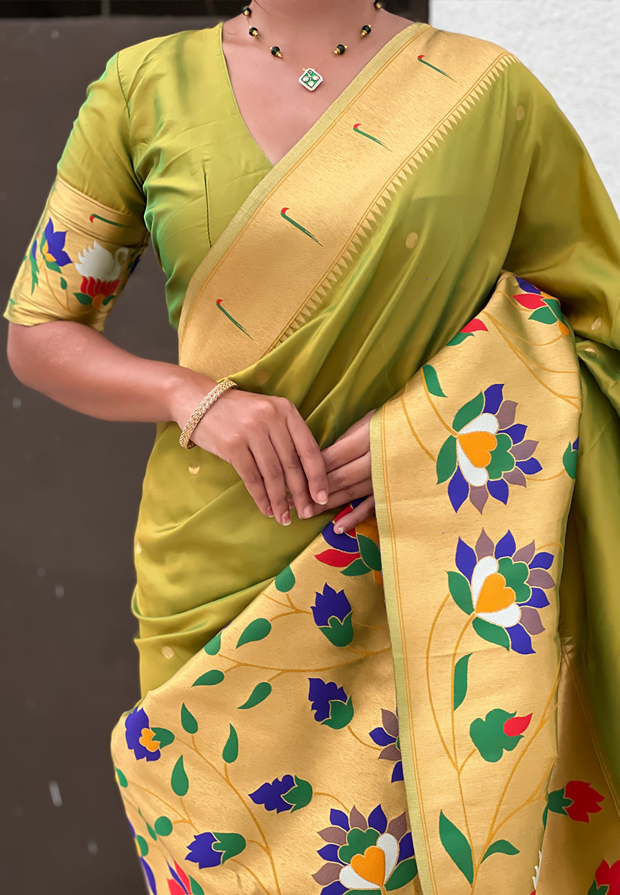 Mehendi paithani silk saree with half half concept big border zari woven saree