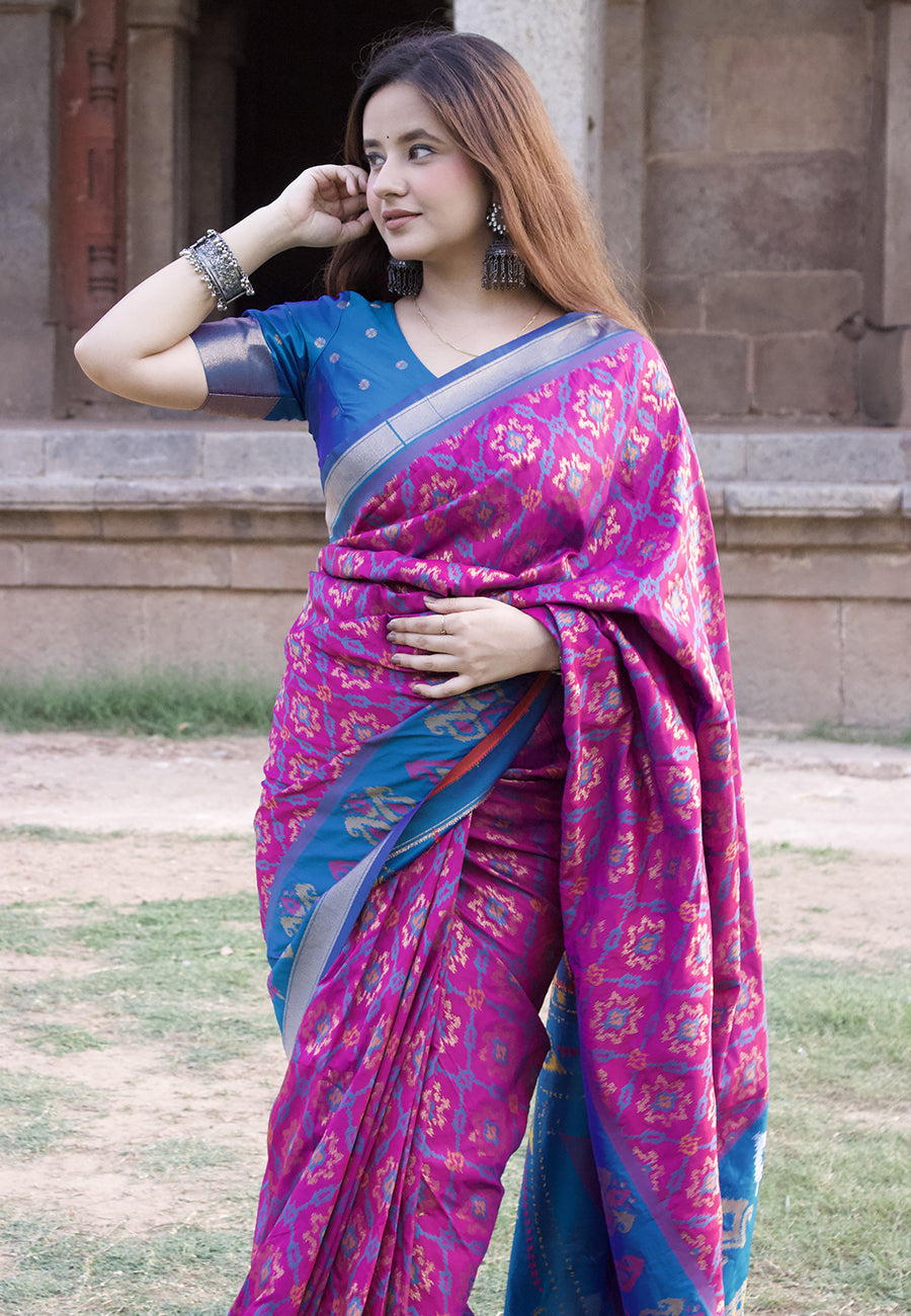 Himanshi in our wine soft silk zari woven patola saree with contrast weaves