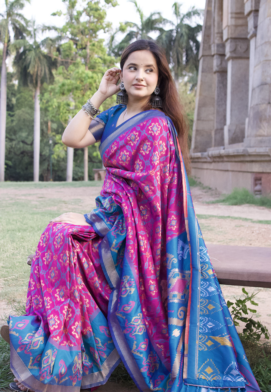 Himanshi in our wine soft silk zari woven patola saree with contrast weaves