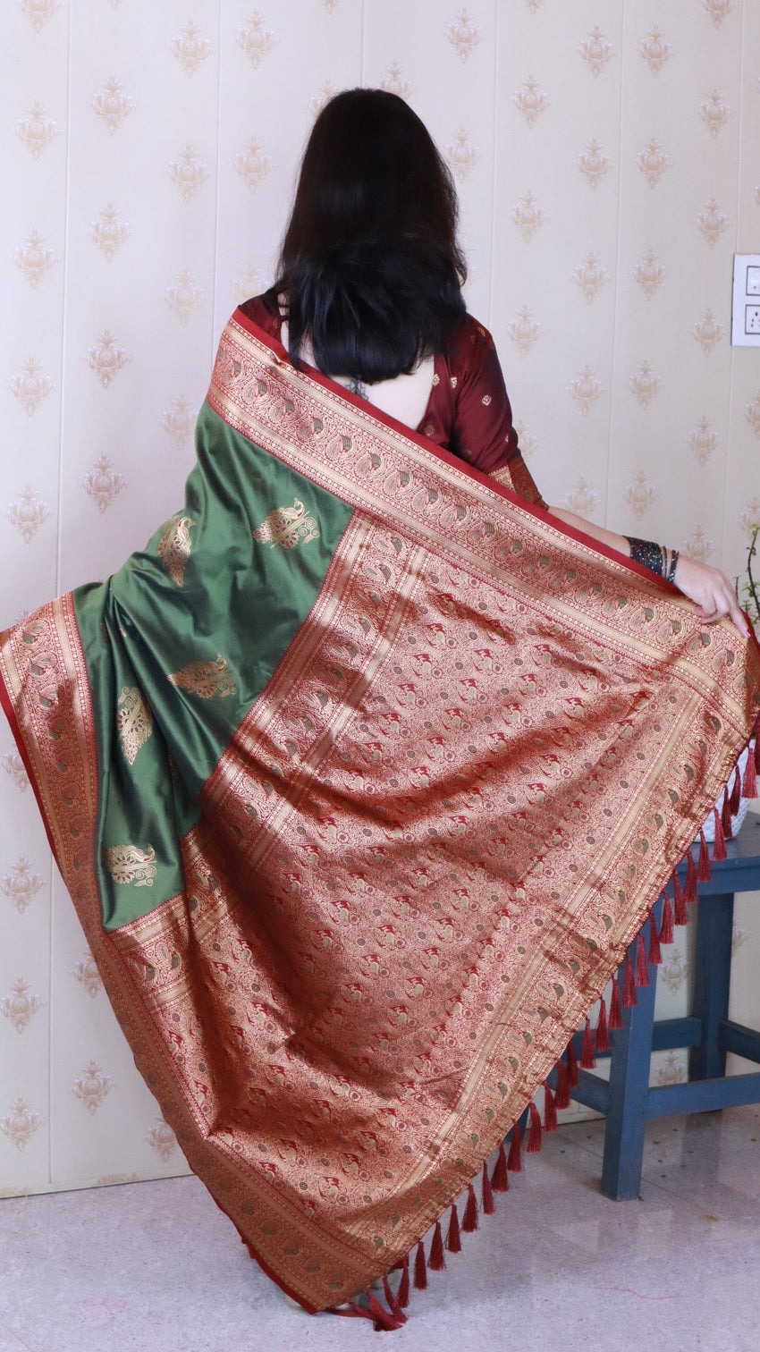 Mehendi green soft silk banarasi peacock zari woven saree