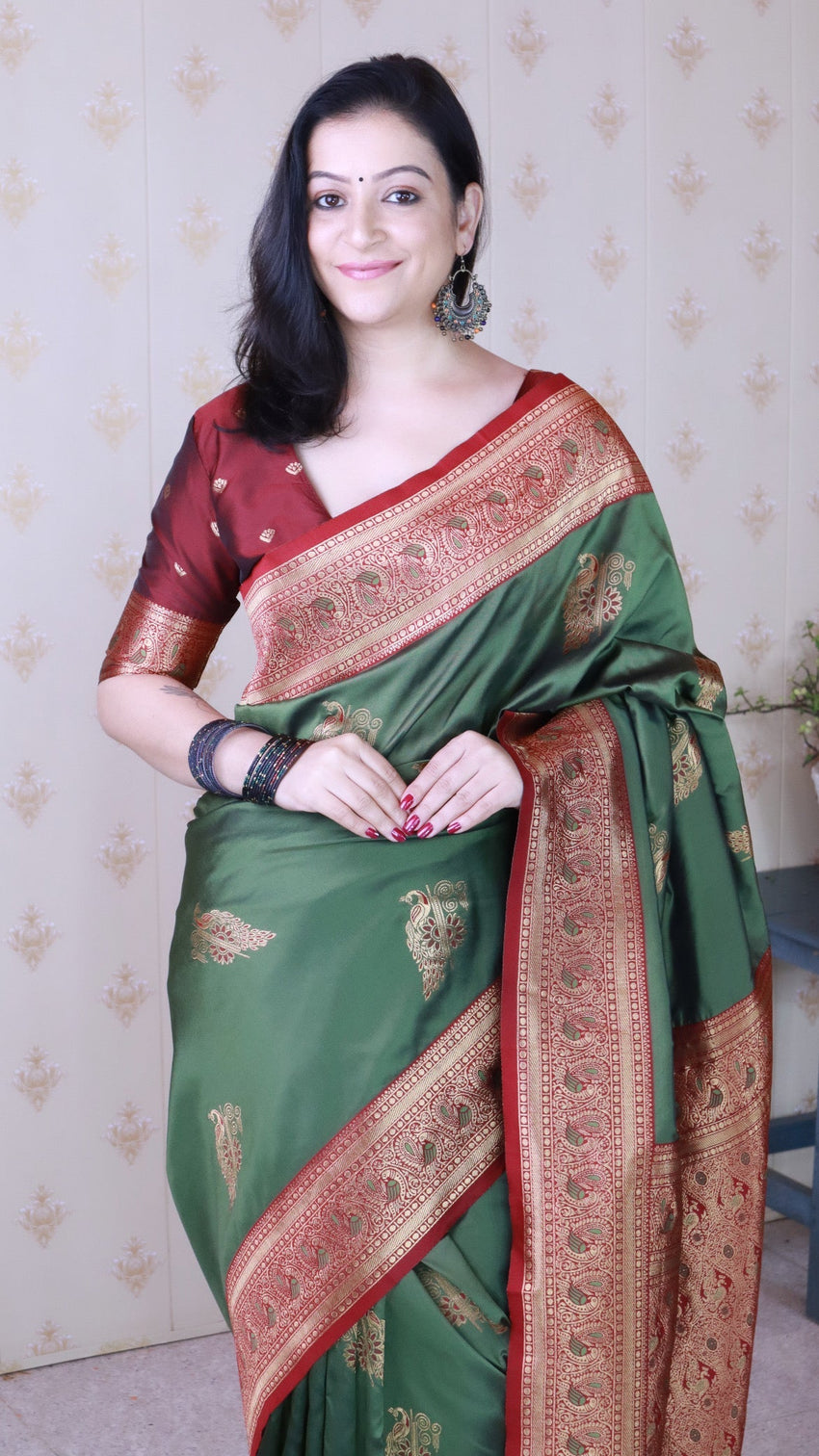 Mehendi green soft silk banarasi peacock zari woven saree