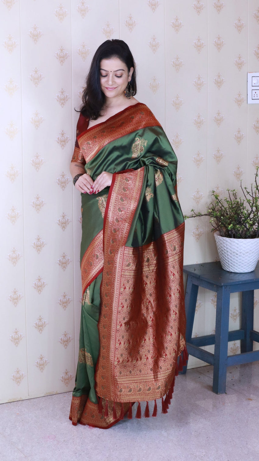 Mehendi green soft silk banarasi peacock zari woven saree